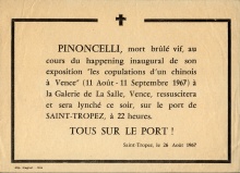 Tract annonçant les funérailles du Double de Pinoncelli, brûlé à Vence, sur le port de Saint-Tropez
