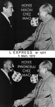 Montage photographique de Pinoncelli serrant la main de Mao à partir d'une page de l'Express n°1077 du 05/03/1972 montrant Nixon et Mao