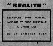 Affiche annonçant la soirée de performances "Réalité" au théâtre de l'Artistique, 1964 | © DR | courtesy Ben
